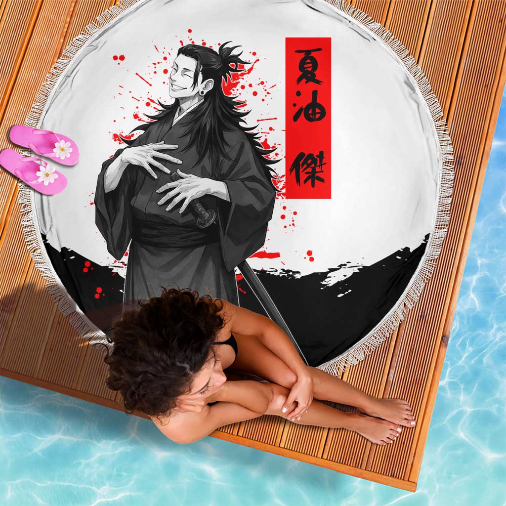 Suguru Geto Jujutsu Kaisen Samurai Style Beach Blanket with Katana, Red Kanji Accents and Oni Mask Graphic - The Mazicc