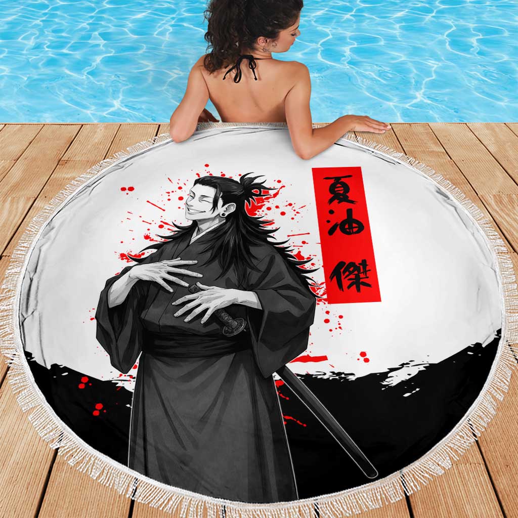 Suguru Geto Jujutsu Kaisen Samurai Style Beach Blanket with Katana, Red Kanji Accents and Oni Mask Graphic - The Mazicc