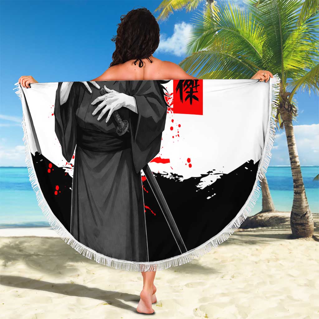 Suguru Geto Jujutsu Kaisen Samurai Style Beach Blanket with Katana, Red Kanji Accents and Oni Mask Graphic - The Mazicc