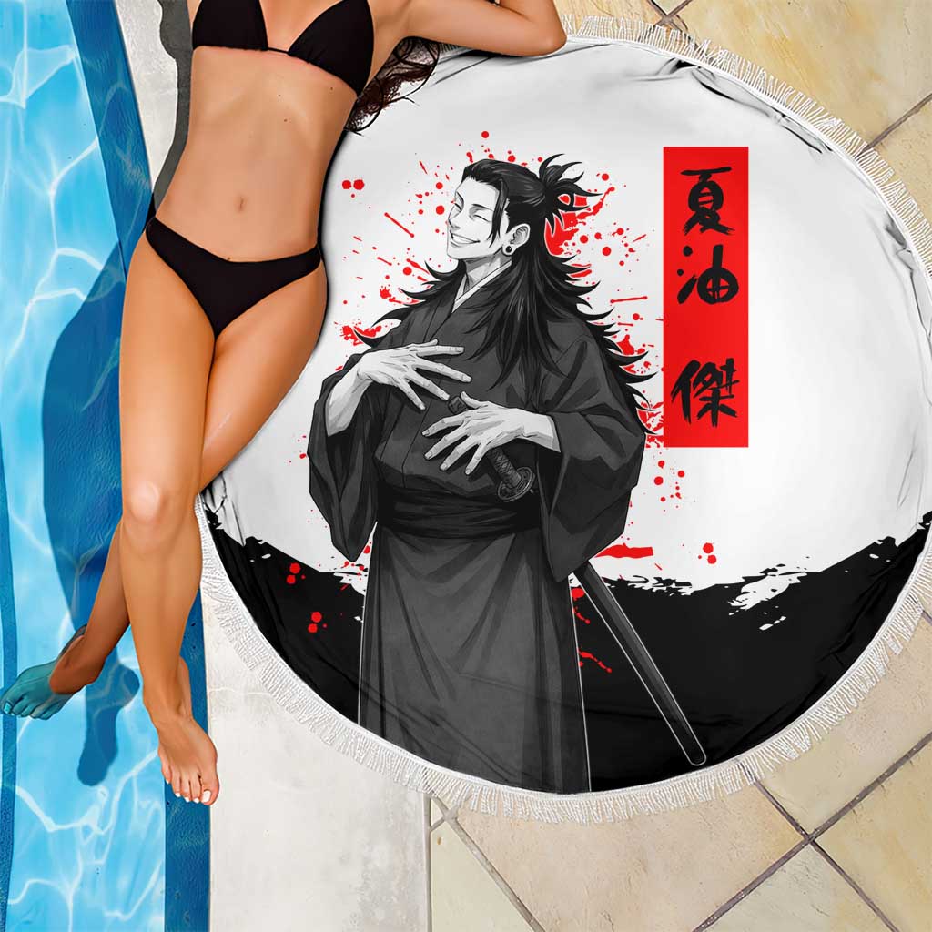 Suguru Geto Jujutsu Kaisen Samurai Style Beach Blanket with Katana, Red Kanji Accents and Oni Mask Graphic - The Mazicc