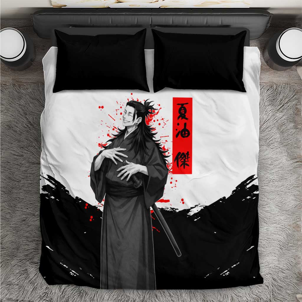 Suguru Geto Jujutsu Kaisen Samurai Style Bedding Set with Katana, Red Kanji Accents and Oni Mask Graphic - The Mazicc