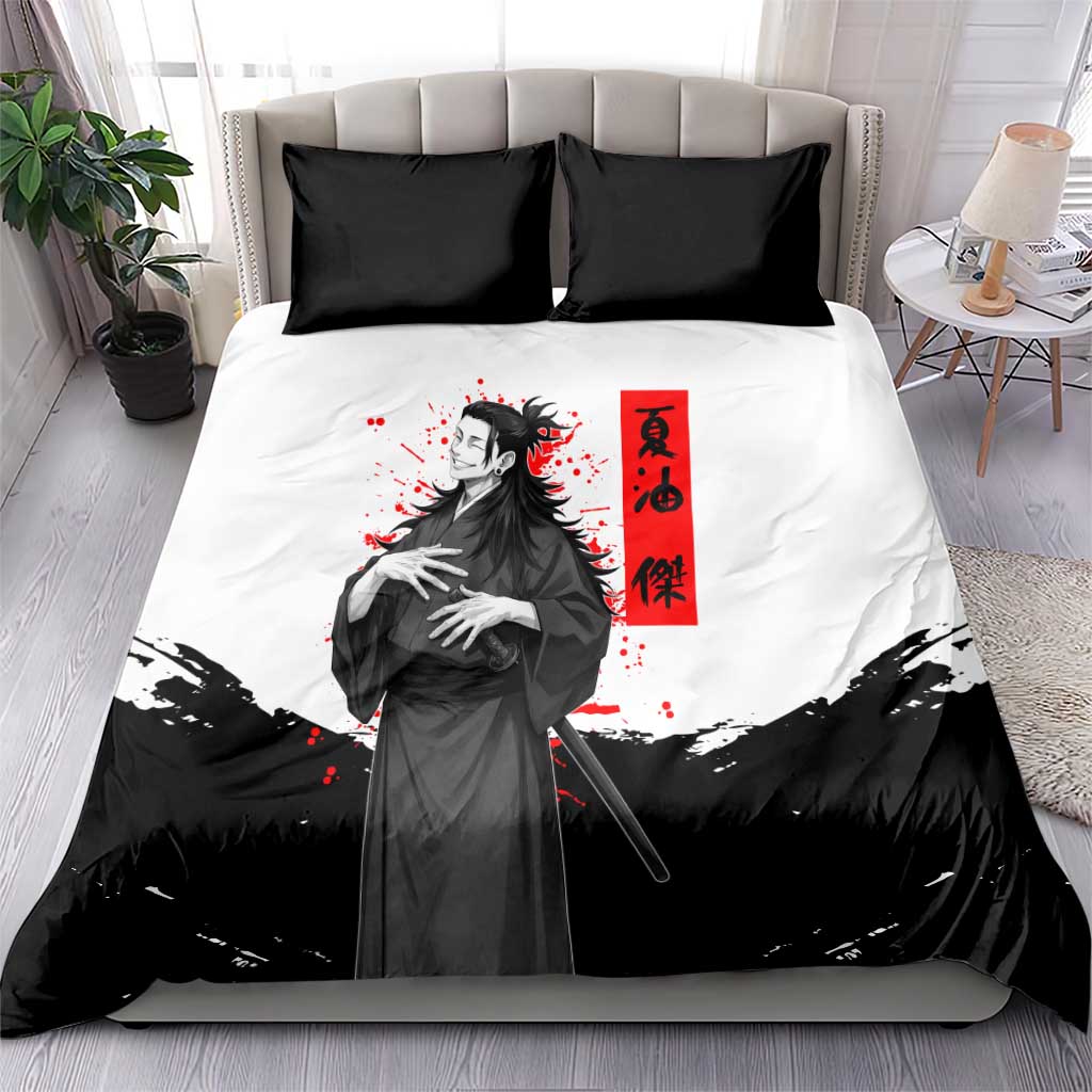 Suguru Geto Jujutsu Kaisen Samurai Style Bedding Set with Katana, Red Kanji Accents and Oni Mask Graphic - The Mazicc
