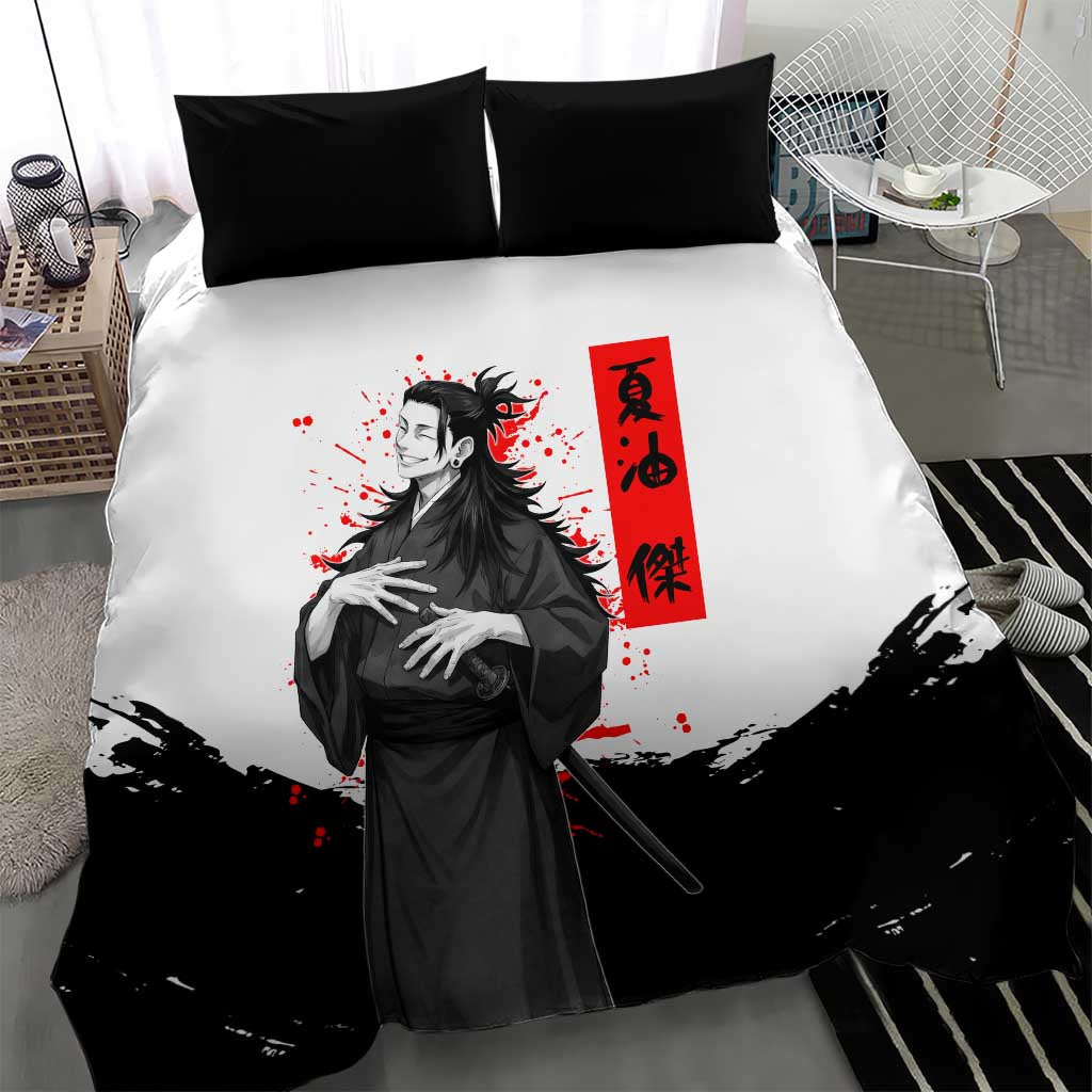 Suguru Geto Jujutsu Kaisen Samurai Style Bedding Set with Katana, Red Kanji Accents and Oni Mask Graphic - The Mazicc