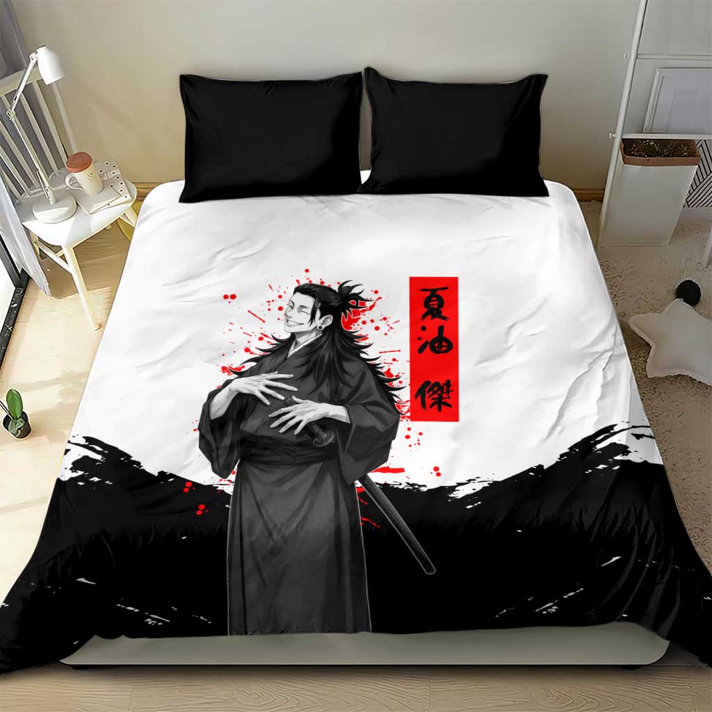 Suguru Geto Jujutsu Kaisen Samurai Style Bedding Set with Katana, Red Kanji Accents and Oni Mask Graphic - The Mazicc