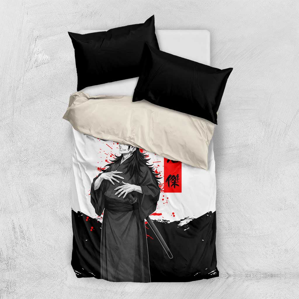 Suguru Geto Jujutsu Kaisen Samurai Style Bedding Set with Katana, Red Kanji Accents and Oni Mask Graphic - The Mazicc