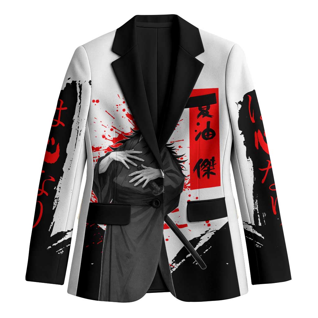 Suguru Geto Jujutsu Kaisen Samurai Style Blazer with Katana, Red Kanji Accents and Oni Mask Graphic - The Mazicc