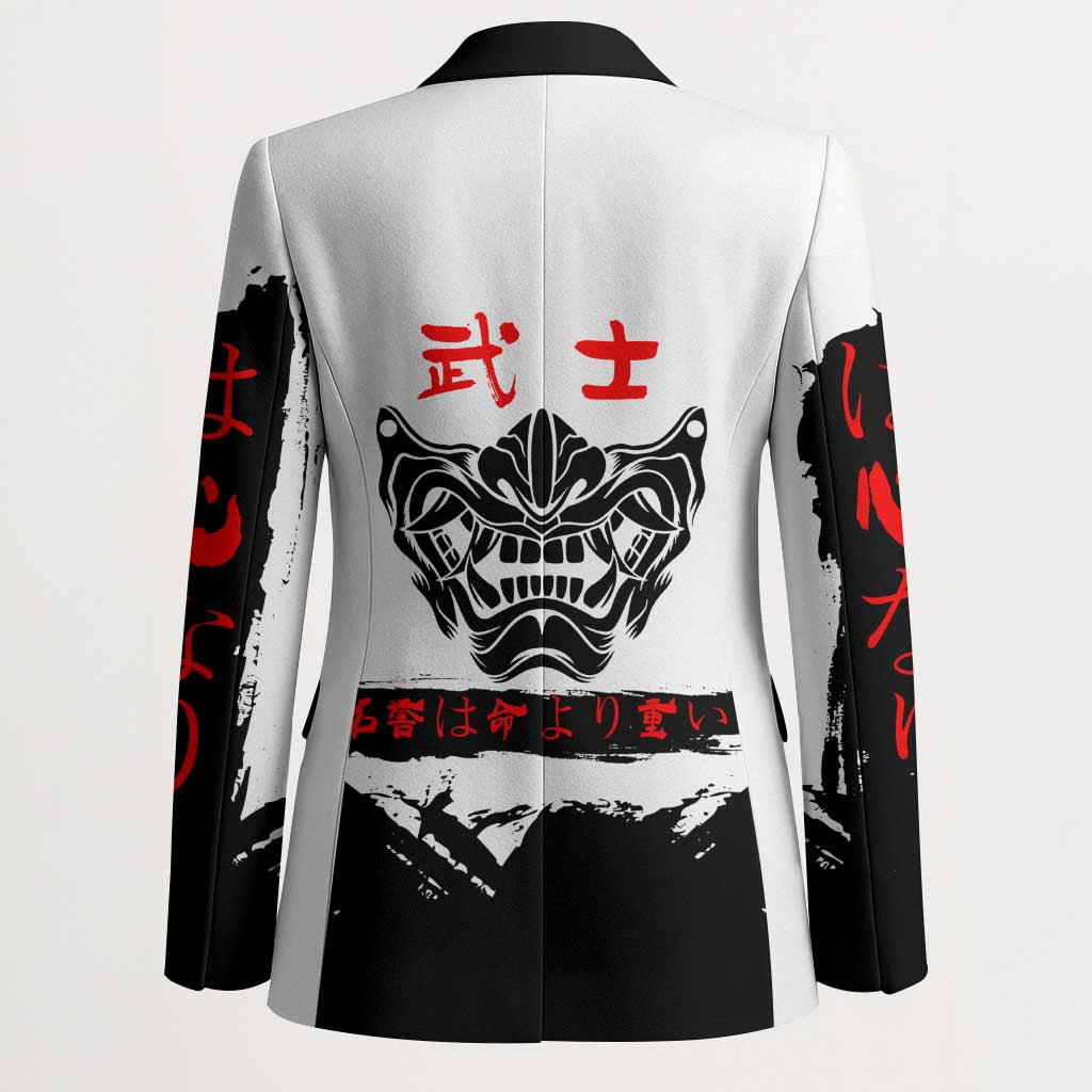 Suguru Geto Jujutsu Kaisen Samurai Style Blazer with Katana, Red Kanji Accents and Oni Mask Graphic - The Mazicc