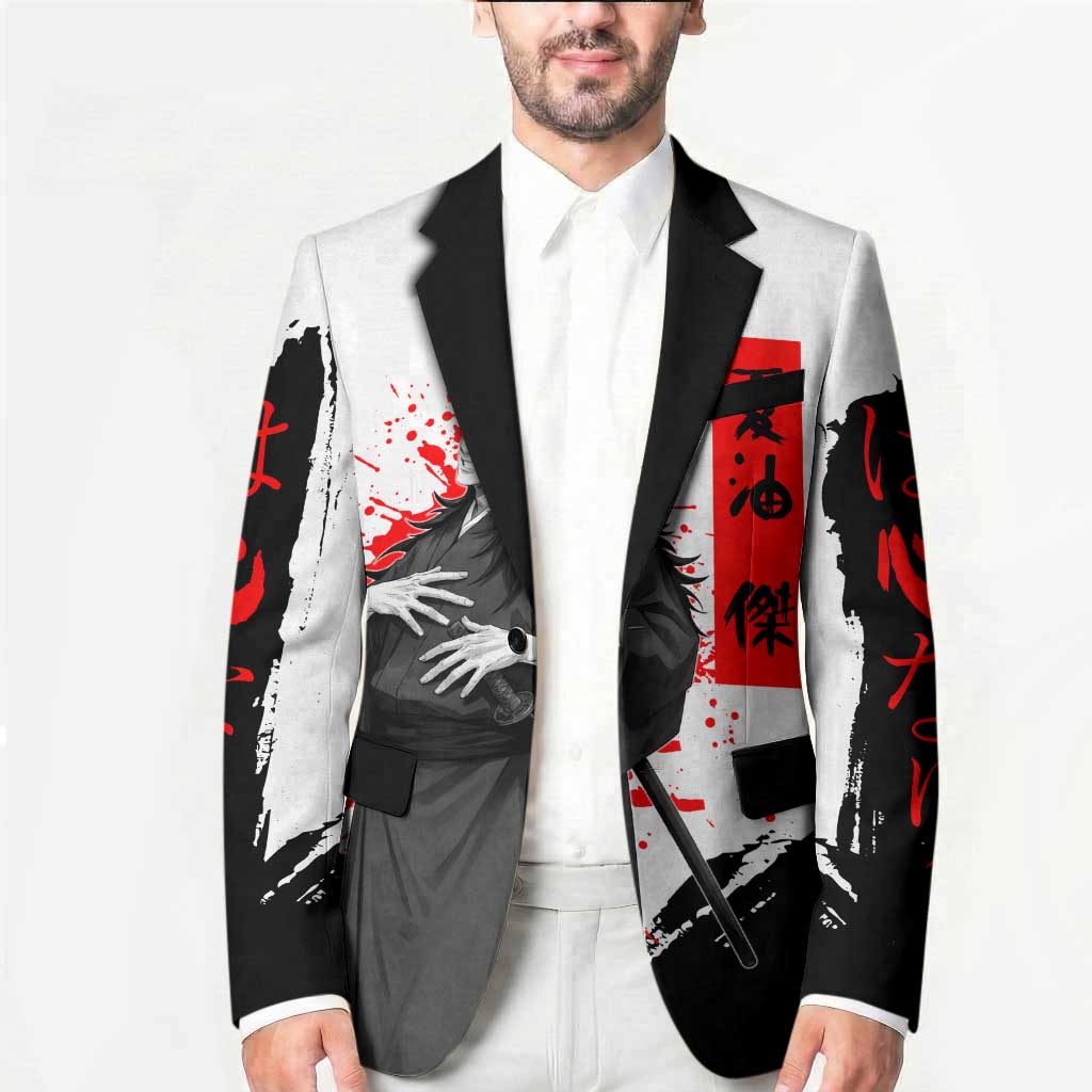 Suguru Geto Jujutsu Kaisen Samurai Style Blazer with Katana, Red Kanji Accents and Oni Mask Graphic - The Mazicc