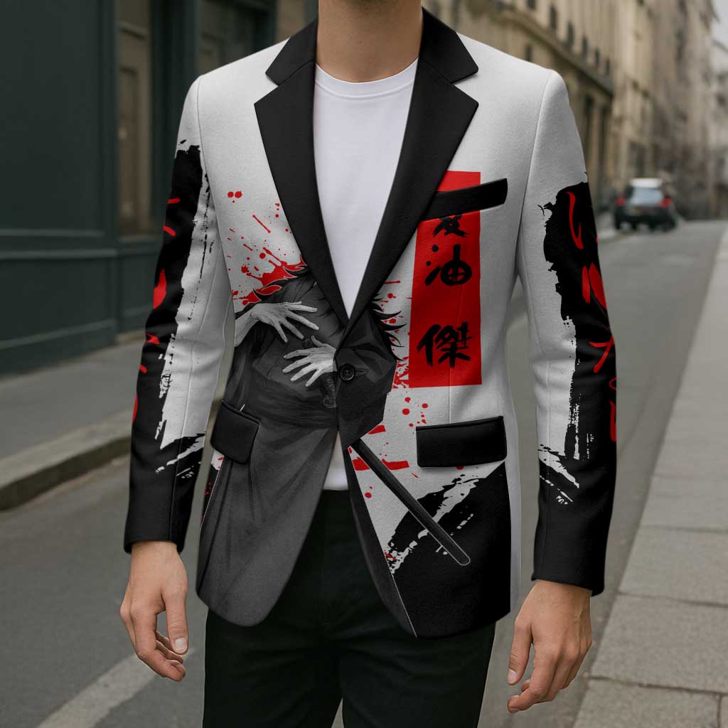 Suguru Geto Jujutsu Kaisen Samurai Style Blazer with Katana, Red Kanji Accents and Oni Mask Graphic - The Mazicc