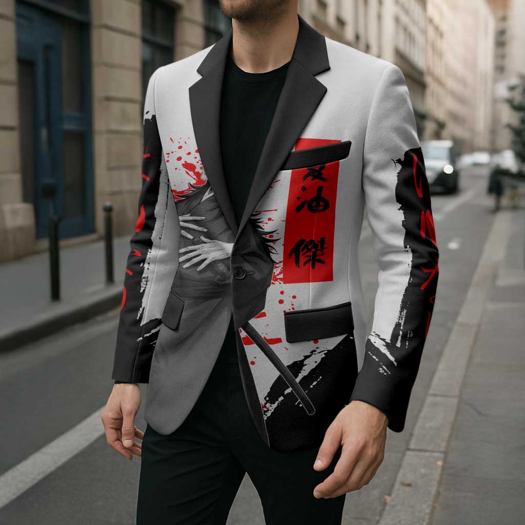 Suguru Geto Jujutsu Kaisen Samurai Style Blazer with Katana, Red Kanji Accents and Oni Mask Graphic - The Mazicc
