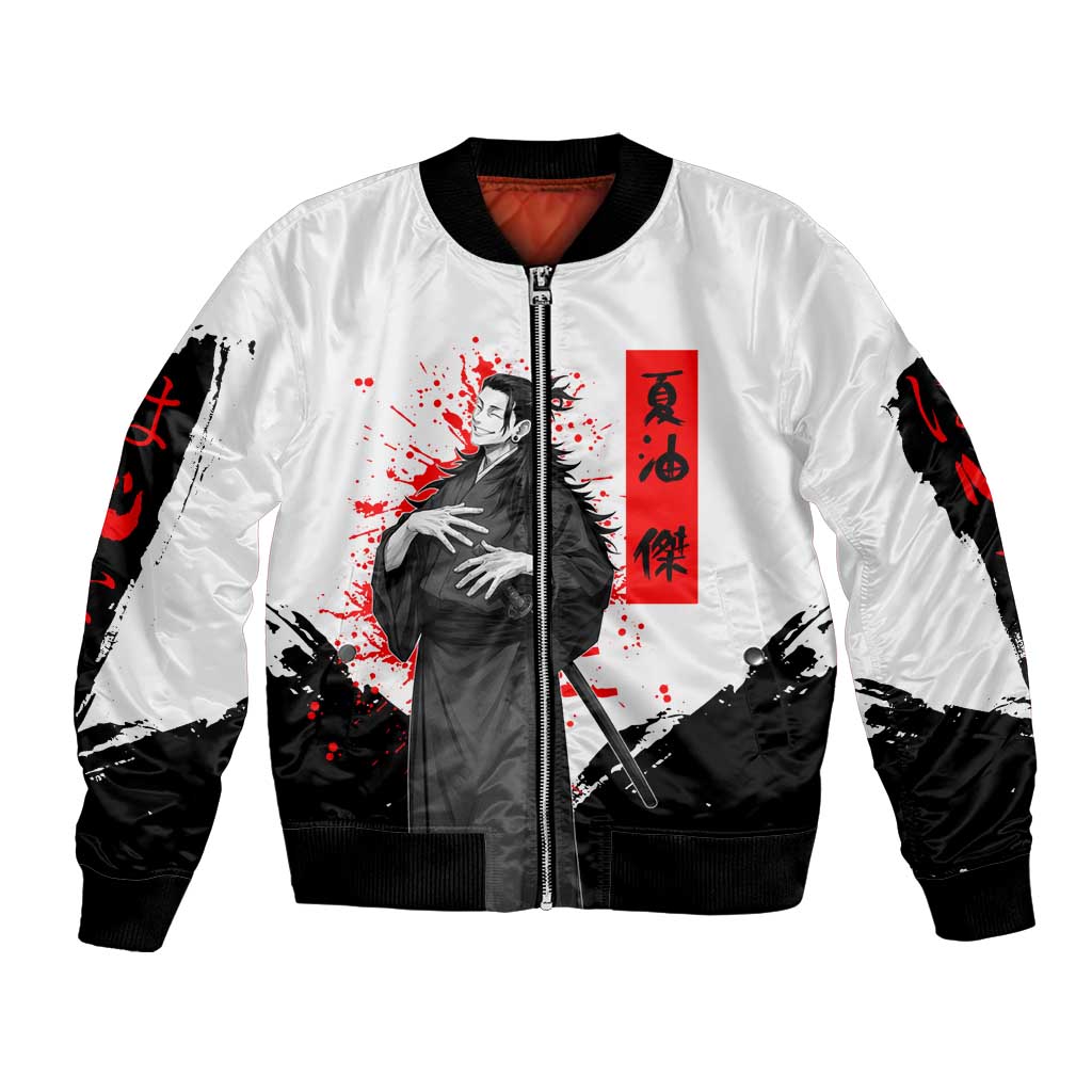 Suguru Geto Jujutsu Kaisen Samurai Style Bomber Jacket with Katana, Red Kanji Accents and Oni Mask Graphic - The Mazicc