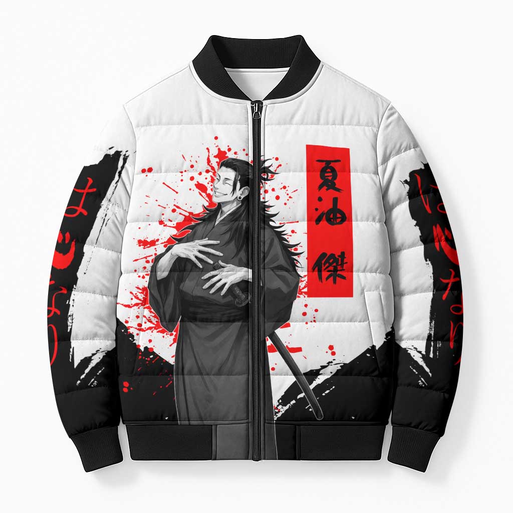 Suguru Geto Jujutsu Kaisen Samurai Style Bomber Puffer Jacket with Katana, Red Kanji Accents and Oni Mask Graphic - The Mazicc
