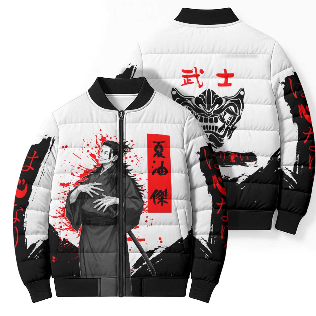 Suguru Geto Jujutsu Kaisen Samurai Style Bomber Puffer Jacket with Katana, Red Kanji Accents and Oni Mask Graphic - The Mazicc
