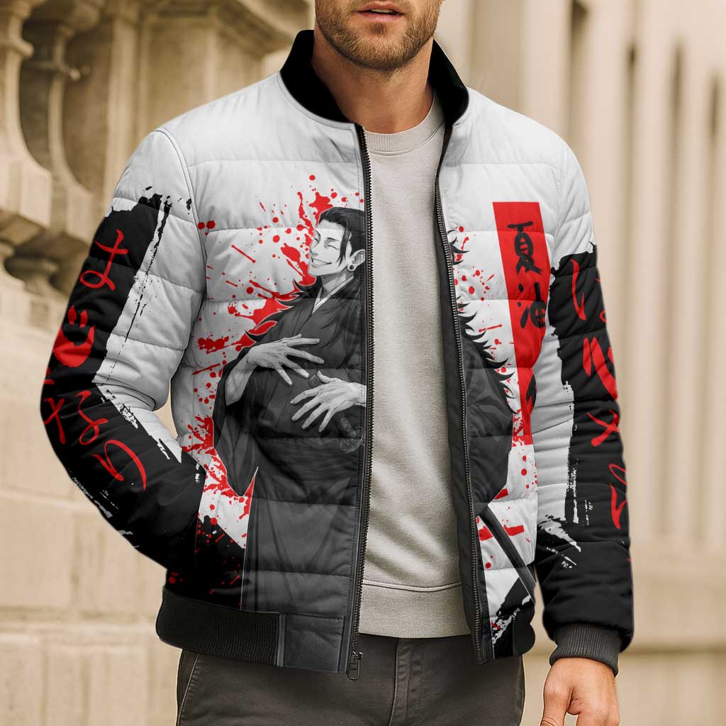 Suguru Geto Jujutsu Kaisen Samurai Style Bomber Puffer Jacket with Katana, Red Kanji Accents and Oni Mask Graphic - The Mazicc