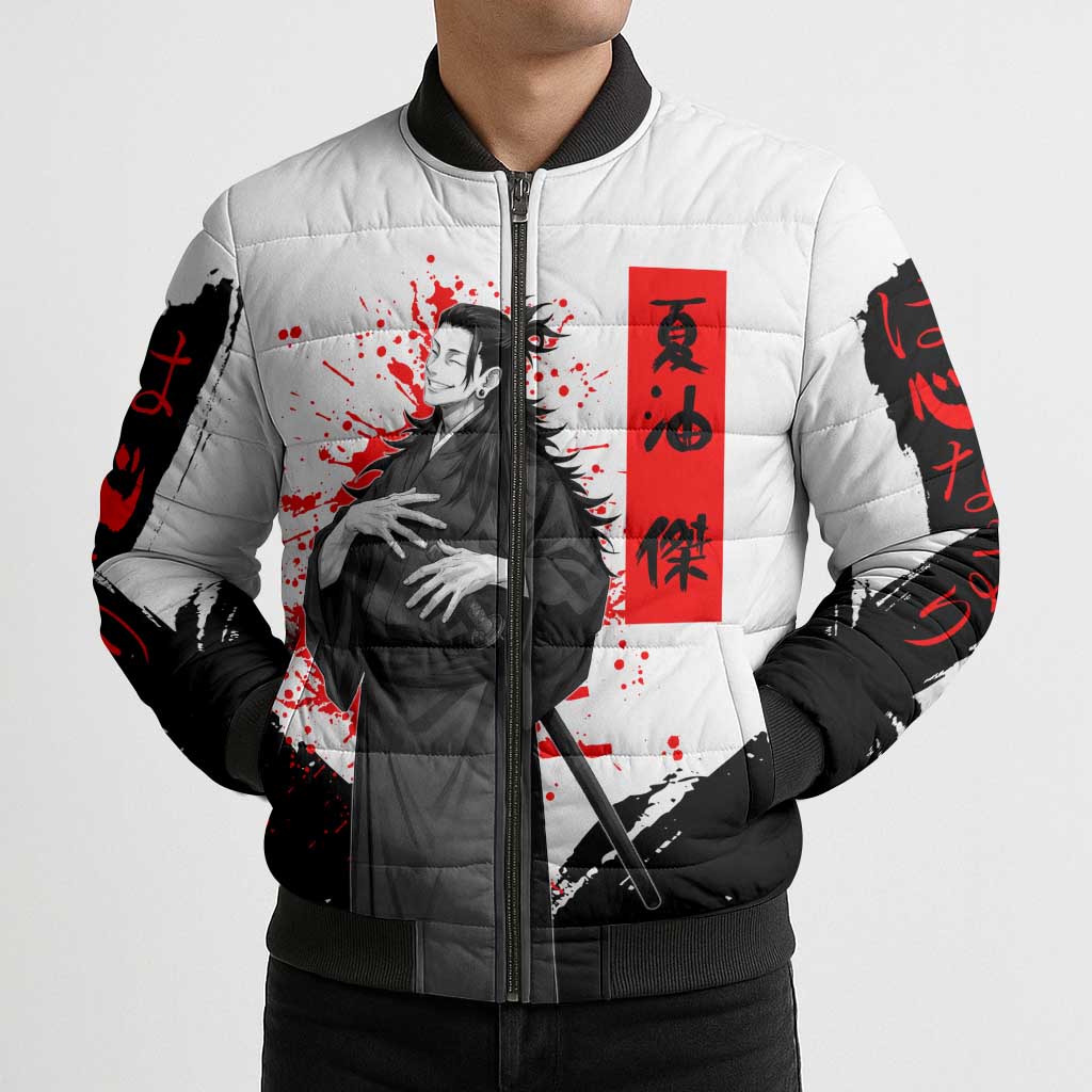 Suguru Geto Jujutsu Kaisen Samurai Style Bomber Puffer Jacket with Katana, Red Kanji Accents and Oni Mask Graphic - The Mazicc