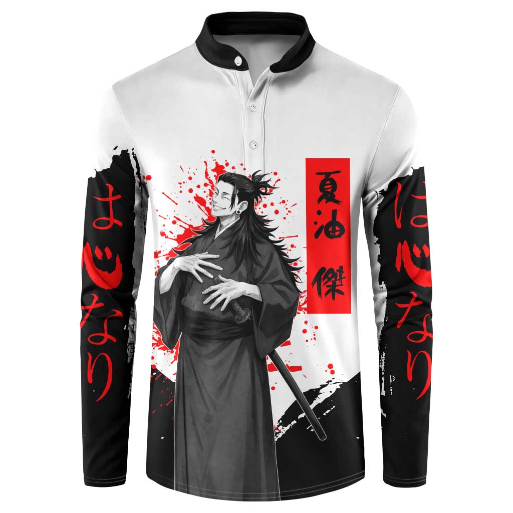 Suguru Geto Jujutsu Kaisen Samurai Style Button Sweatshirt with Katana, Red Kanji Accents and Oni Mask Graphic - The Mazicc
