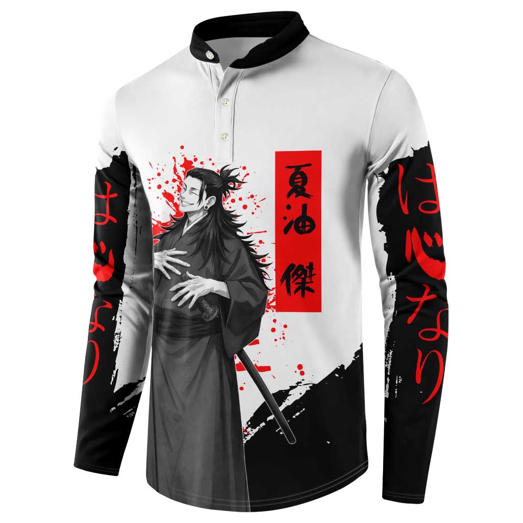 Suguru Geto Jujutsu Kaisen Samurai Style Button Sweatshirt with Katana, Red Kanji Accents and Oni Mask Graphic - The Mazicc