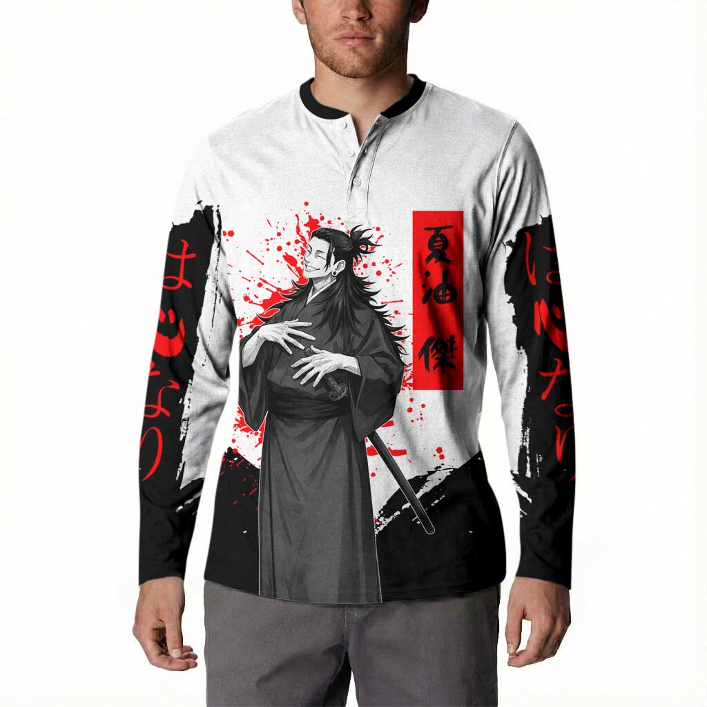 Suguru Geto Jujutsu Kaisen Samurai Style Button Sweatshirt with Katana, Red Kanji Accents and Oni Mask Graphic - The Mazicc
