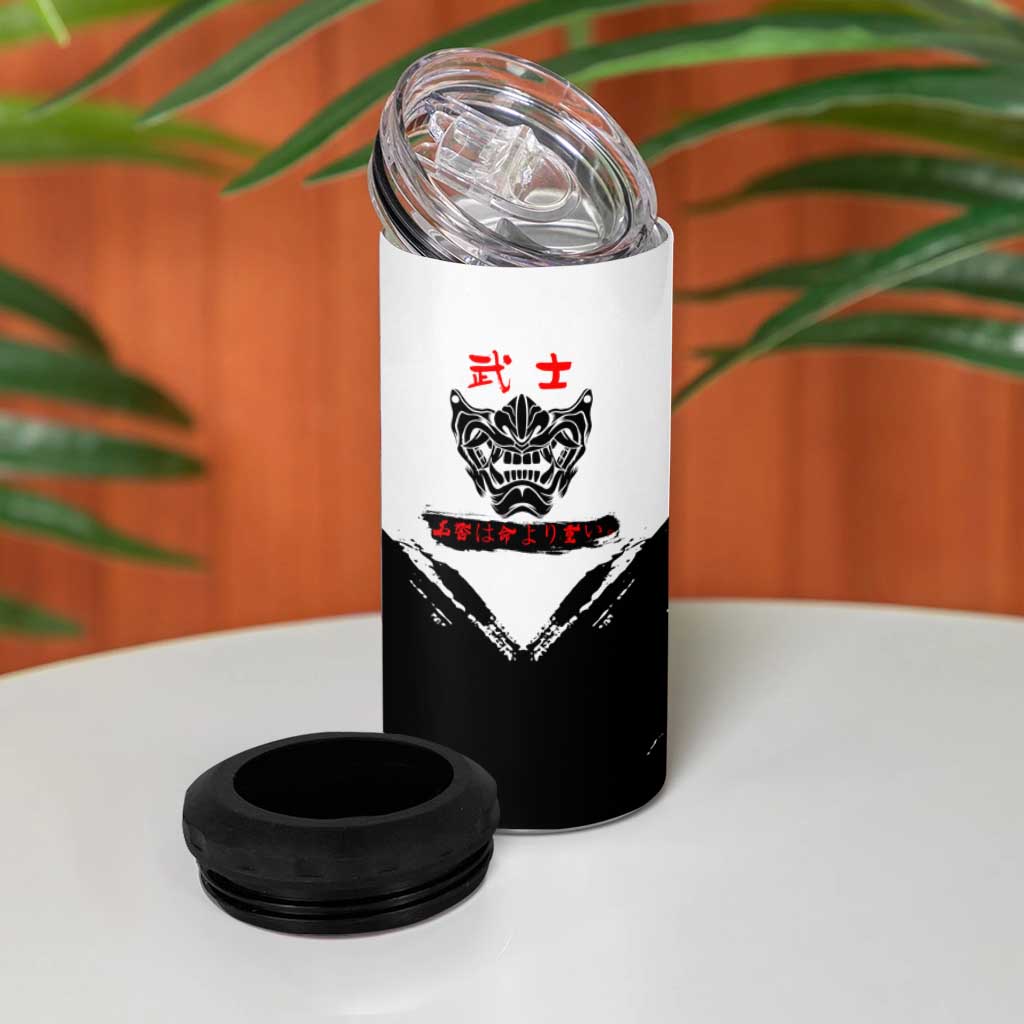 Suguru Geto Jujutsu Kaisen Samurai Style 4 in 1 Can Cooler Tumbler with Katana, Red Kanji Accents and Oni Mask Graphic - The Mazicc