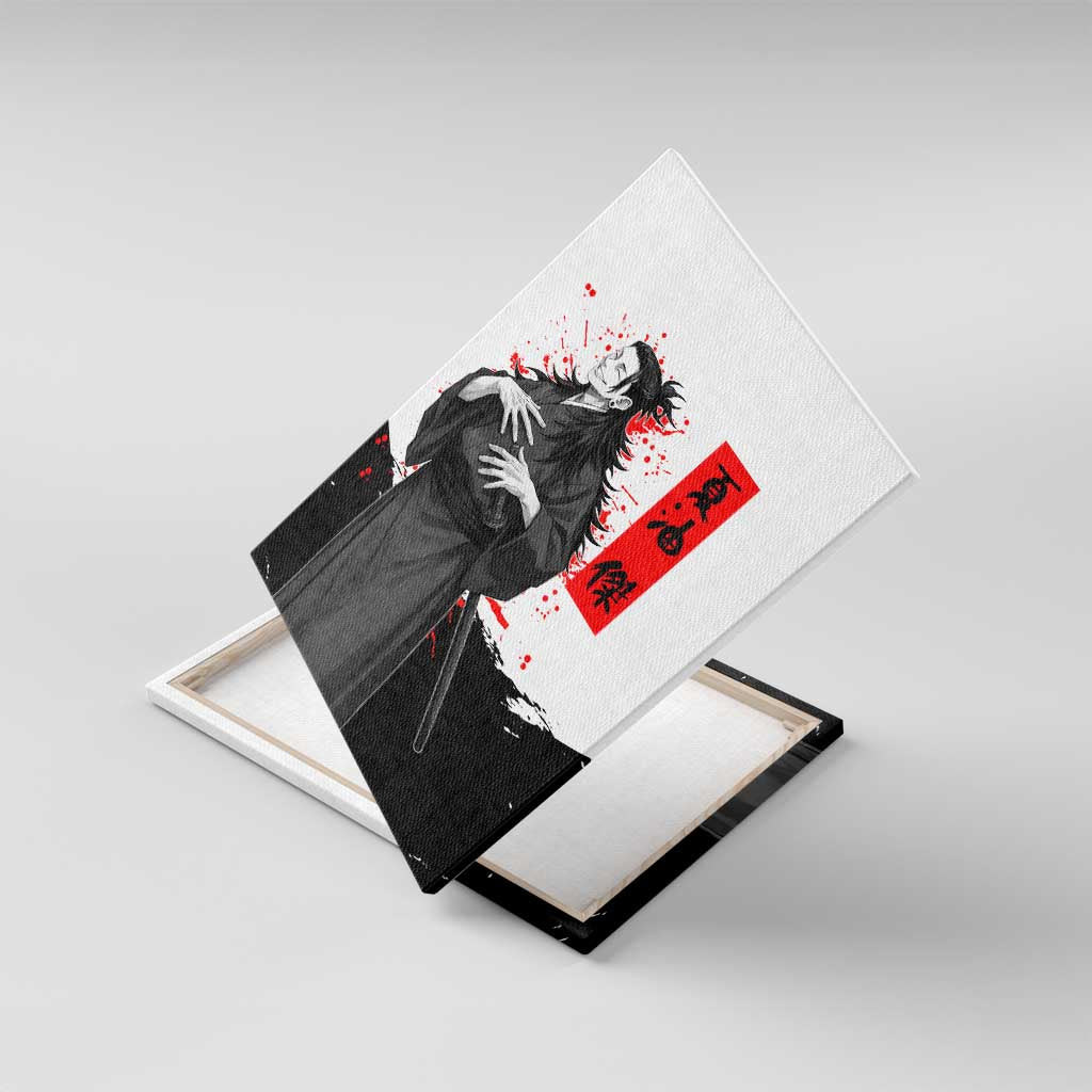 Suguru Geto Jujutsu Kaisen Samurai Style Canvas Wall Art with Katana, Red Kanji Accents and Oni Mask Graphic - The Mazicc