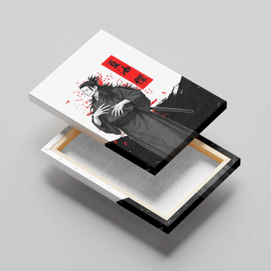 Suguru Geto Jujutsu Kaisen Samurai Style Canvas Wall Art with Katana, Red Kanji Accents and Oni Mask Graphic - The Mazicc