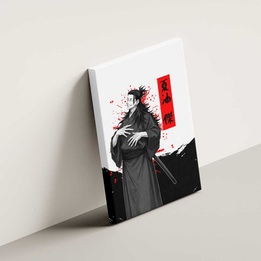 Suguru Geto Jujutsu Kaisen Samurai Style Canvas Wall Art with Katana, Red Kanji Accents and Oni Mask Graphic - The Mazicc