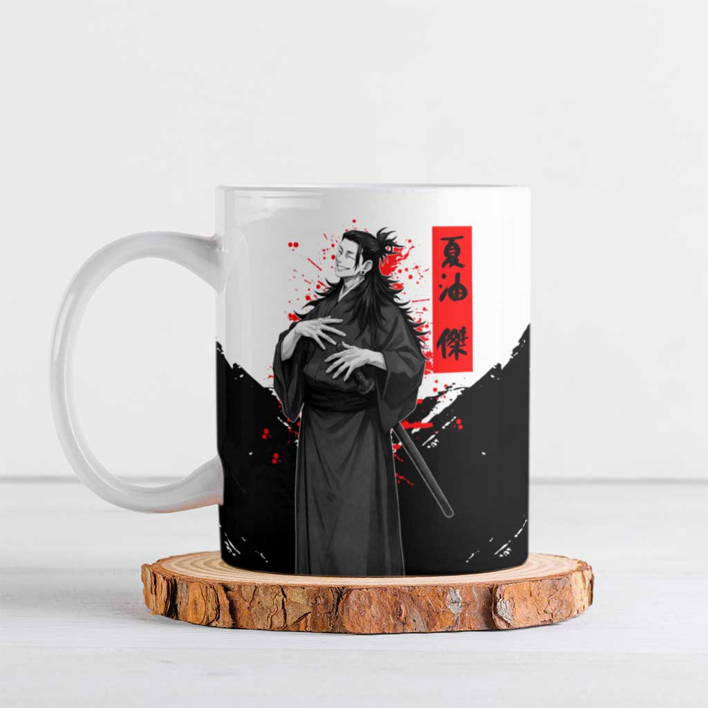 Suguru Geto Jujutsu Kaisen Samurai Style Ceramic Mug with Katana, Red Kanji Accents and Oni Mask Graphic - The Mazicc
