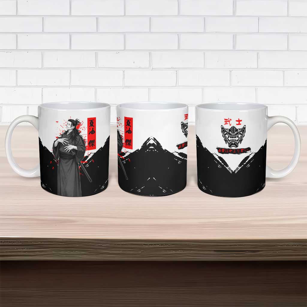 Suguru Geto Jujutsu Kaisen Samurai Style Ceramic Mug with Katana, Red Kanji Accents and Oni Mask Graphic - The Mazicc