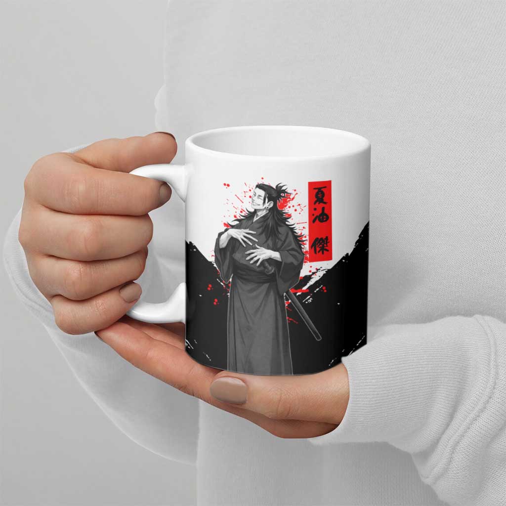 Suguru Geto Jujutsu Kaisen Samurai Style Ceramic Mug with Katana, Red Kanji Accents and Oni Mask Graphic - The Mazicc