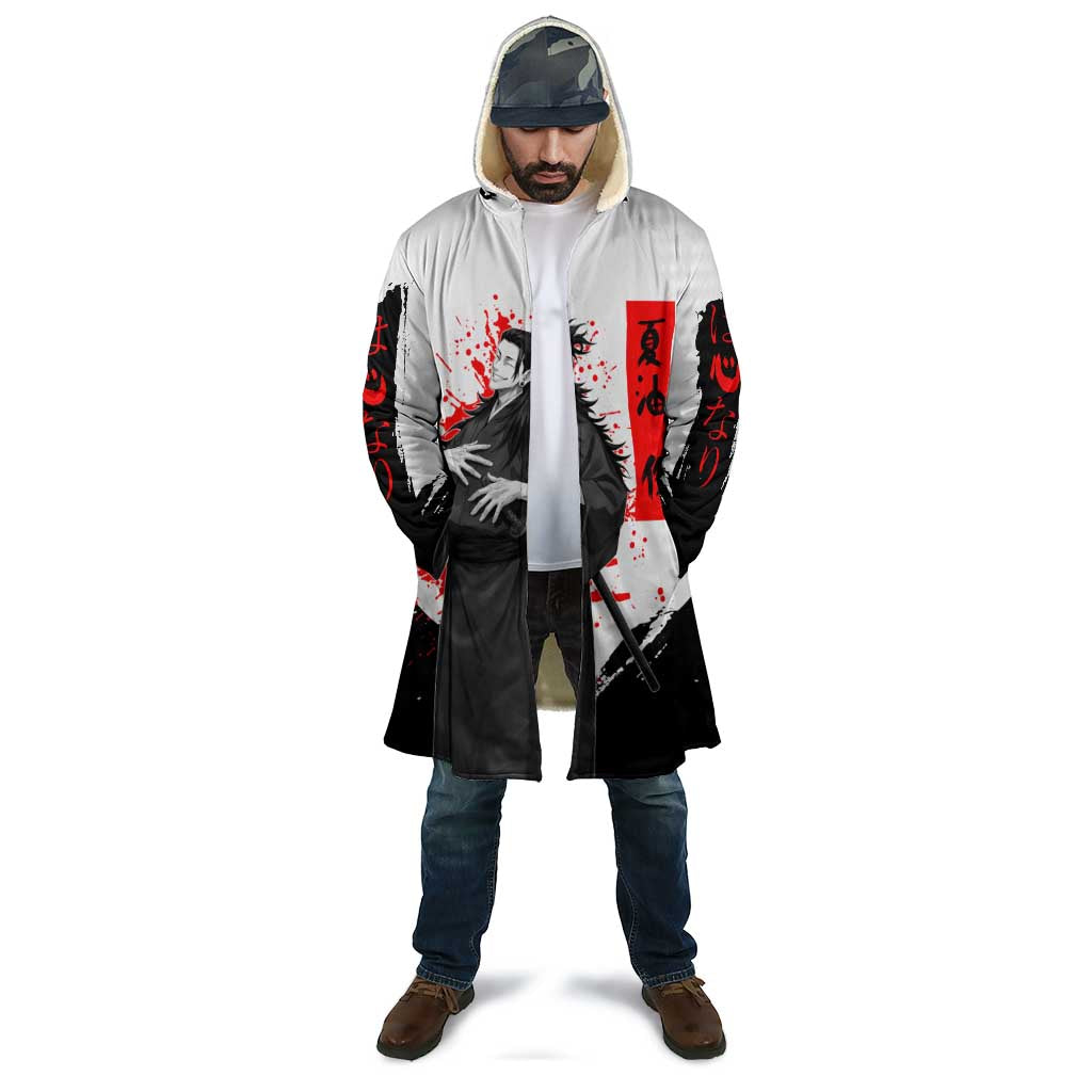 Suguru Geto Jujutsu Kaisen Samurai Style Cloak with Katana, Red Kanji Accents and Oni Mask Graphic - The Mazicc
