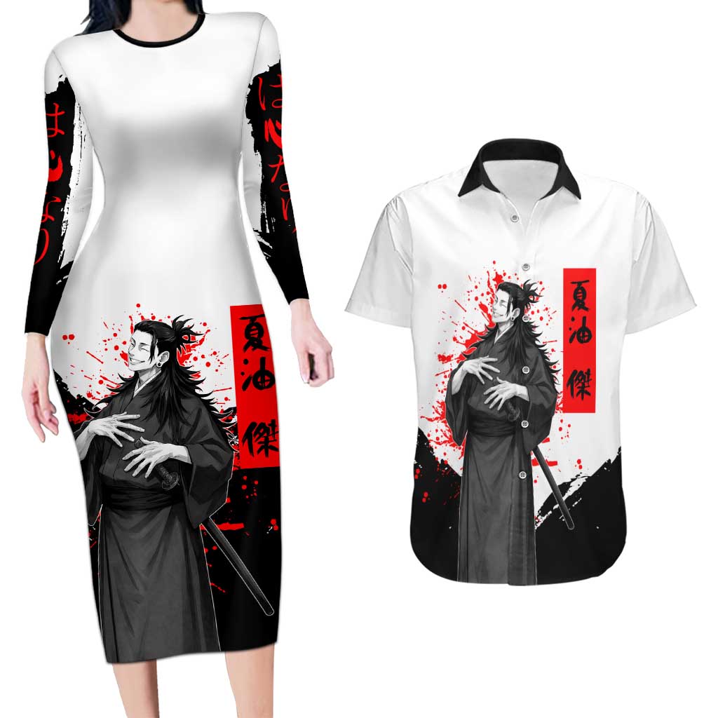 Suguru Geto Jujutsu Kaisen Samurai Style Couples Matching Long Sleeve Bodycon Dress and Hawaiian Shirt with Katana, Red Kanji Accents and Oni Mask Graphic - The Mazicc