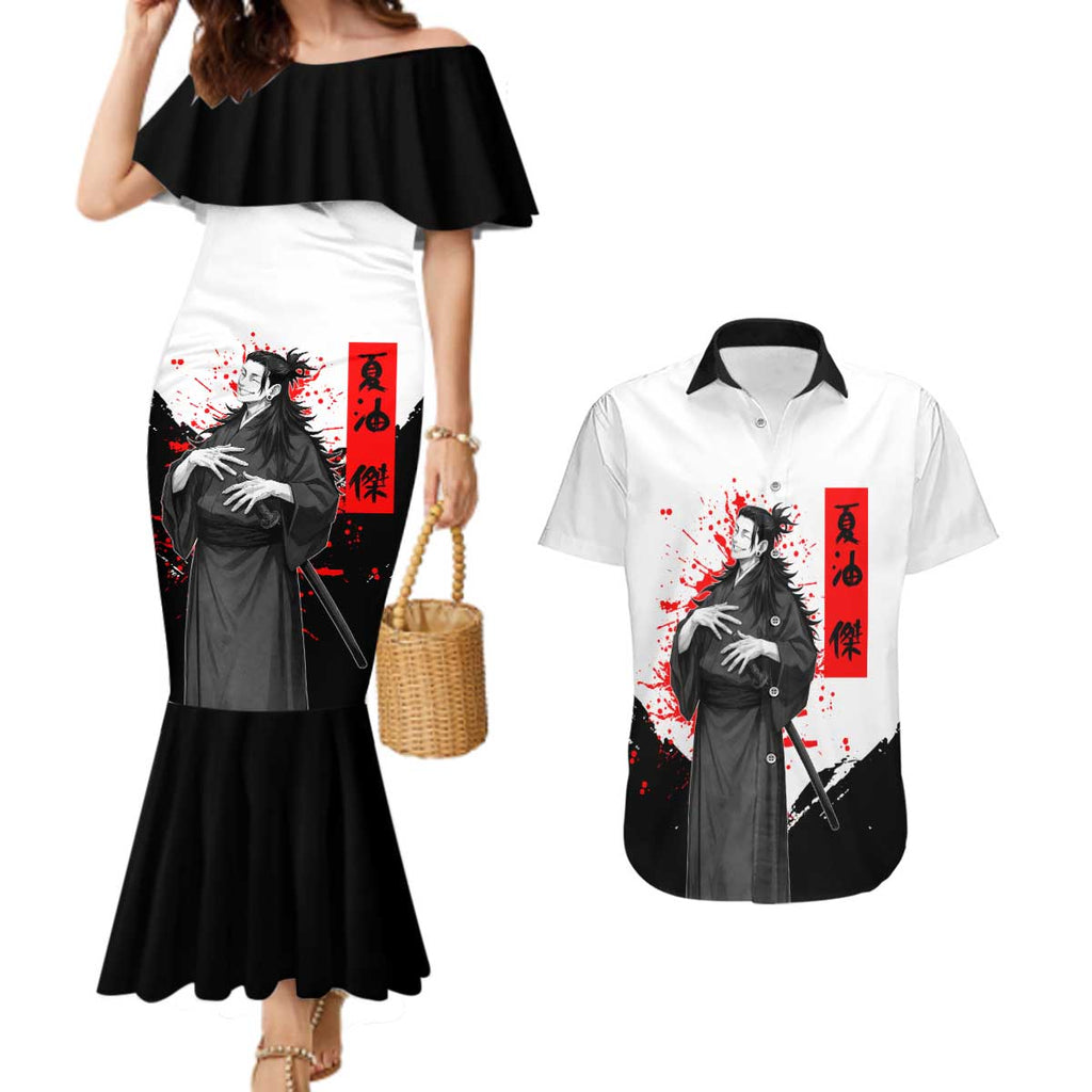 Suguru Geto Jujutsu Kaisen Samurai Style Couples Matching Mermaid Dress and Hawaiian Shirt with Katana, Red Kanji Accents and Oni Mask Graphic - The Mazicc