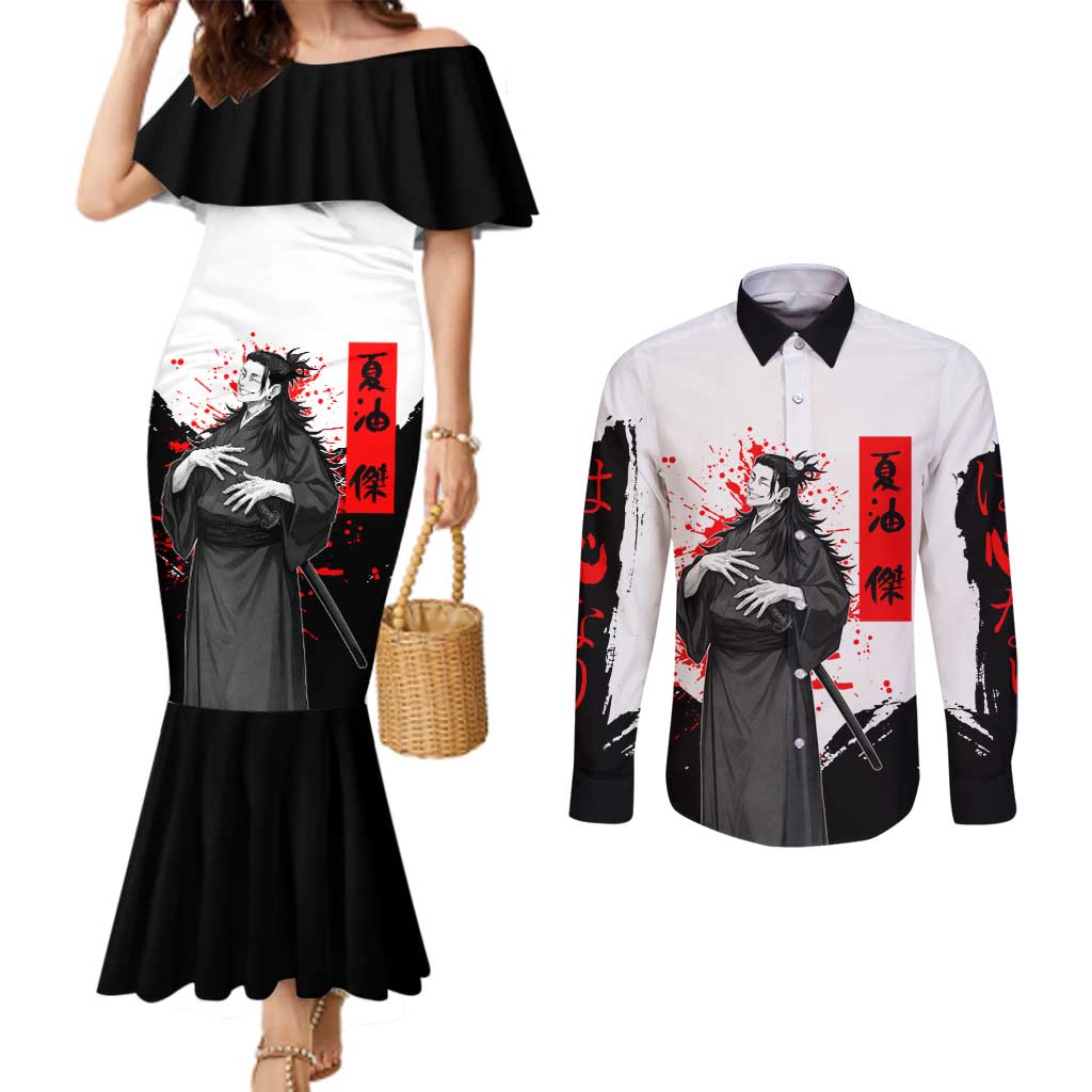 Suguru Geto Jujutsu Kaisen Samurai Style Couples Matching Mermaid Dress and Long Sleeve Button Shirt with Katana, Red Kanji Accents and Oni Mask Graphic - The Mazicc