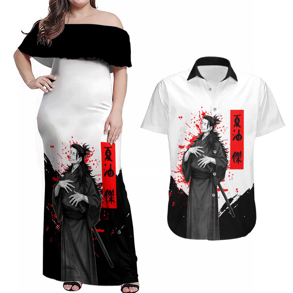 Suguru Geto Jujutsu Kaisen Samurai Style Couples Matching Off Shoulder Maxi Dress and Hawaiian Shirt with Katana, Red Kanji Accents and Oni Mask Graphic - The Mazicc