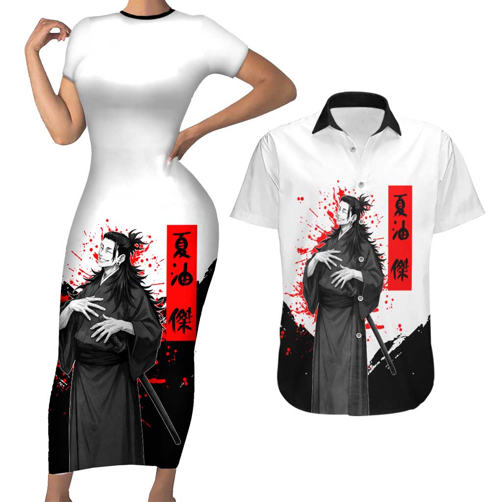 Suguru Geto Jujutsu Kaisen Samurai Style Couples Matching Short Sleeve Bodycon Dress and Hawaiian Shirt with Katana, Red Kanji Accents and Oni Mask Graphic - The Mazicc