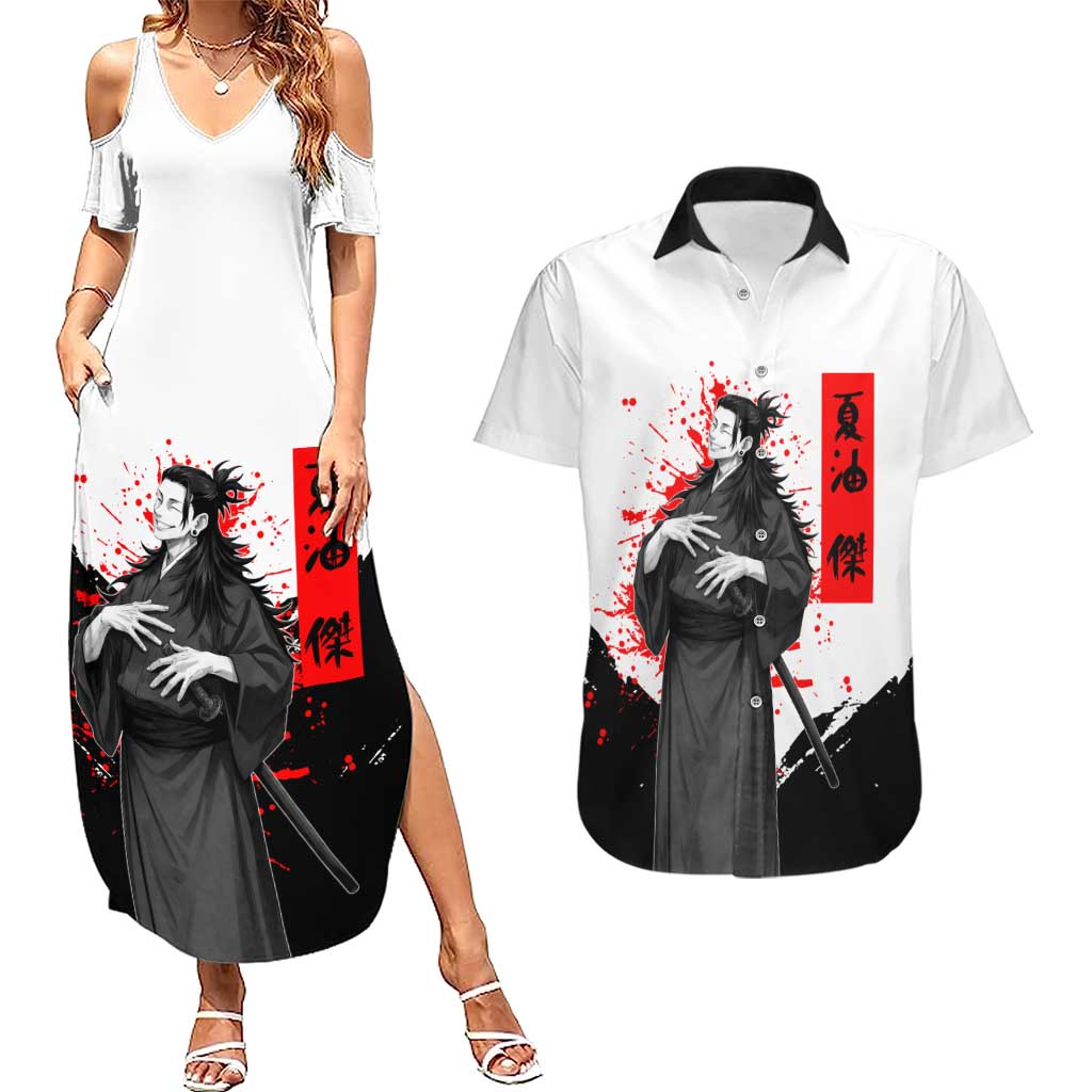 Suguru Geto Jujutsu Kaisen Samurai Style Couples Matching Summer Maxi Dress and Hawaiian Shirt with Katana, Red Kanji Accents and Oni Mask Graphic - The Mazicc