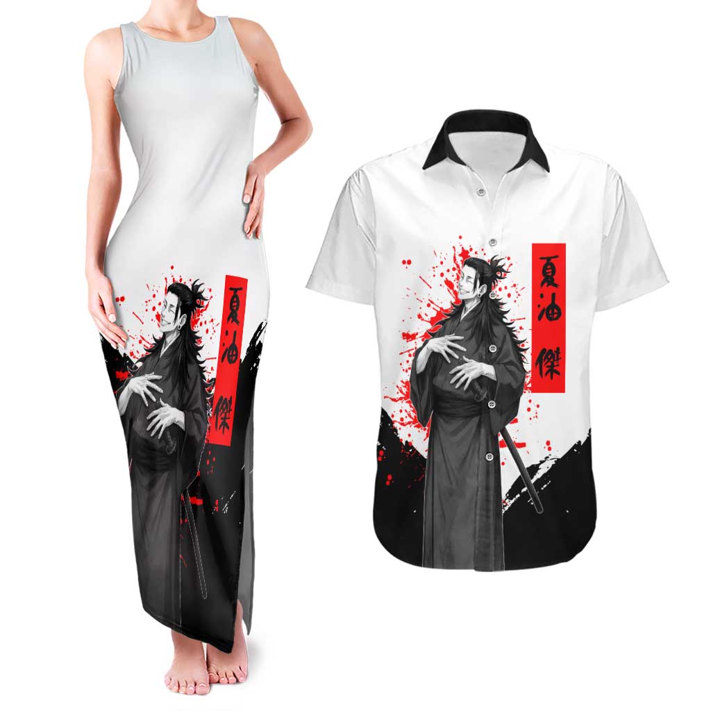 Suguru Geto Jujutsu Kaisen Samurai Style Couples Matching Tank Maxi Dress and Hawaiian Shirt with Katana, Red Kanji Accents and Oni Mask Graphic - The Mazicc