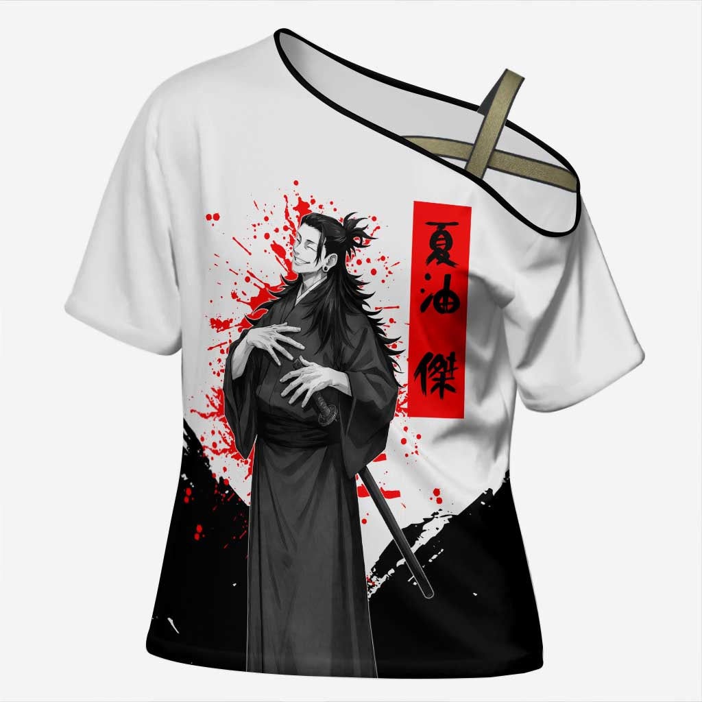 Suguru Geto Jujutsu Kaisen Samurai Style Cross Shoulder Shirt with Katana, Red Kanji Accents and Oni Mask Graphic - The Mazicc
