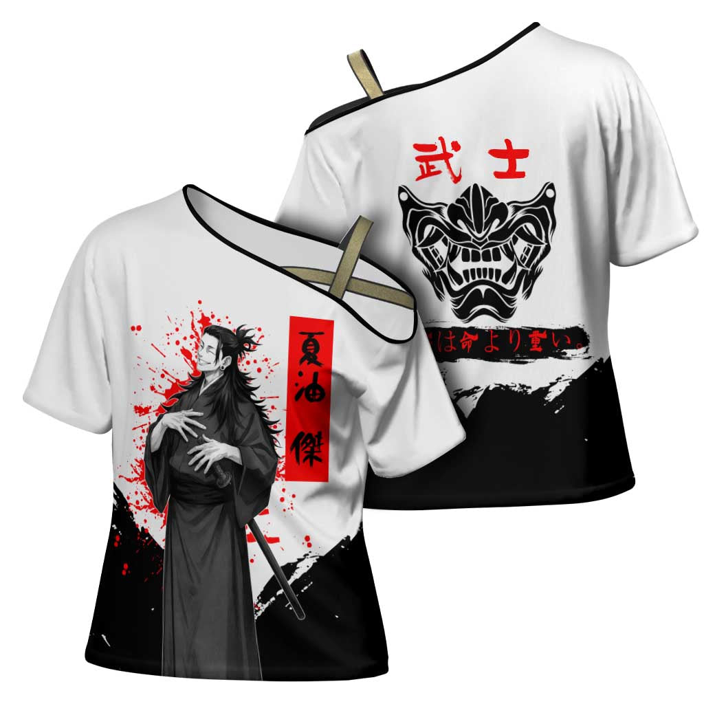 Suguru Geto Jujutsu Kaisen Samurai Style Cross Shoulder Shirt with Katana, Red Kanji Accents and Oni Mask Graphic - The Mazicc