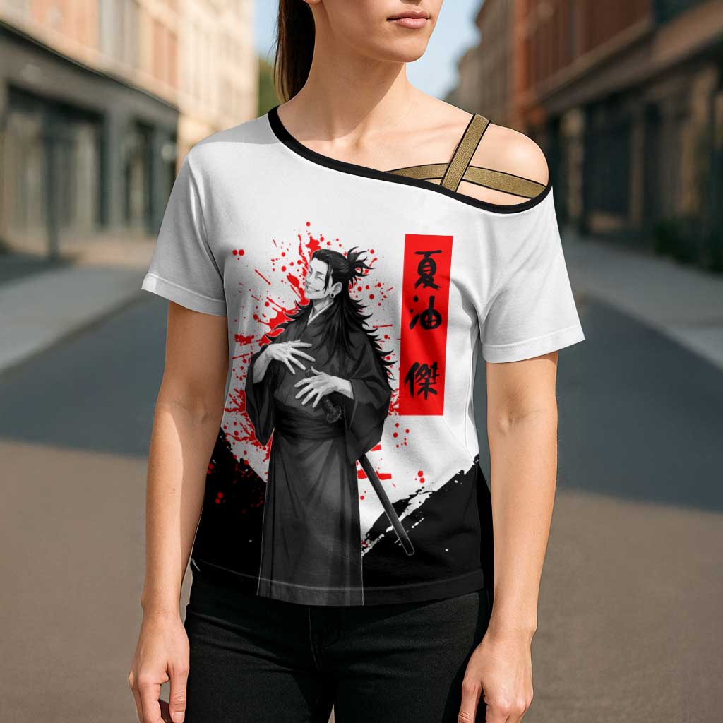 Suguru Geto Jujutsu Kaisen Samurai Style Cross Shoulder Shirt with Katana, Red Kanji Accents and Oni Mask Graphic - The Mazicc