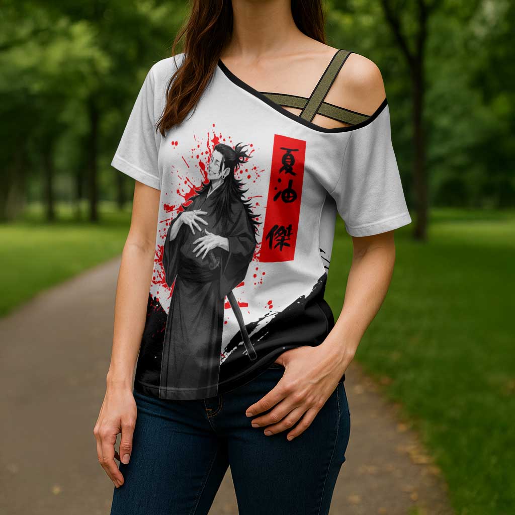 Suguru Geto Jujutsu Kaisen Samurai Style Cross Shoulder Shirt with Katana, Red Kanji Accents and Oni Mask Graphic - The Mazicc