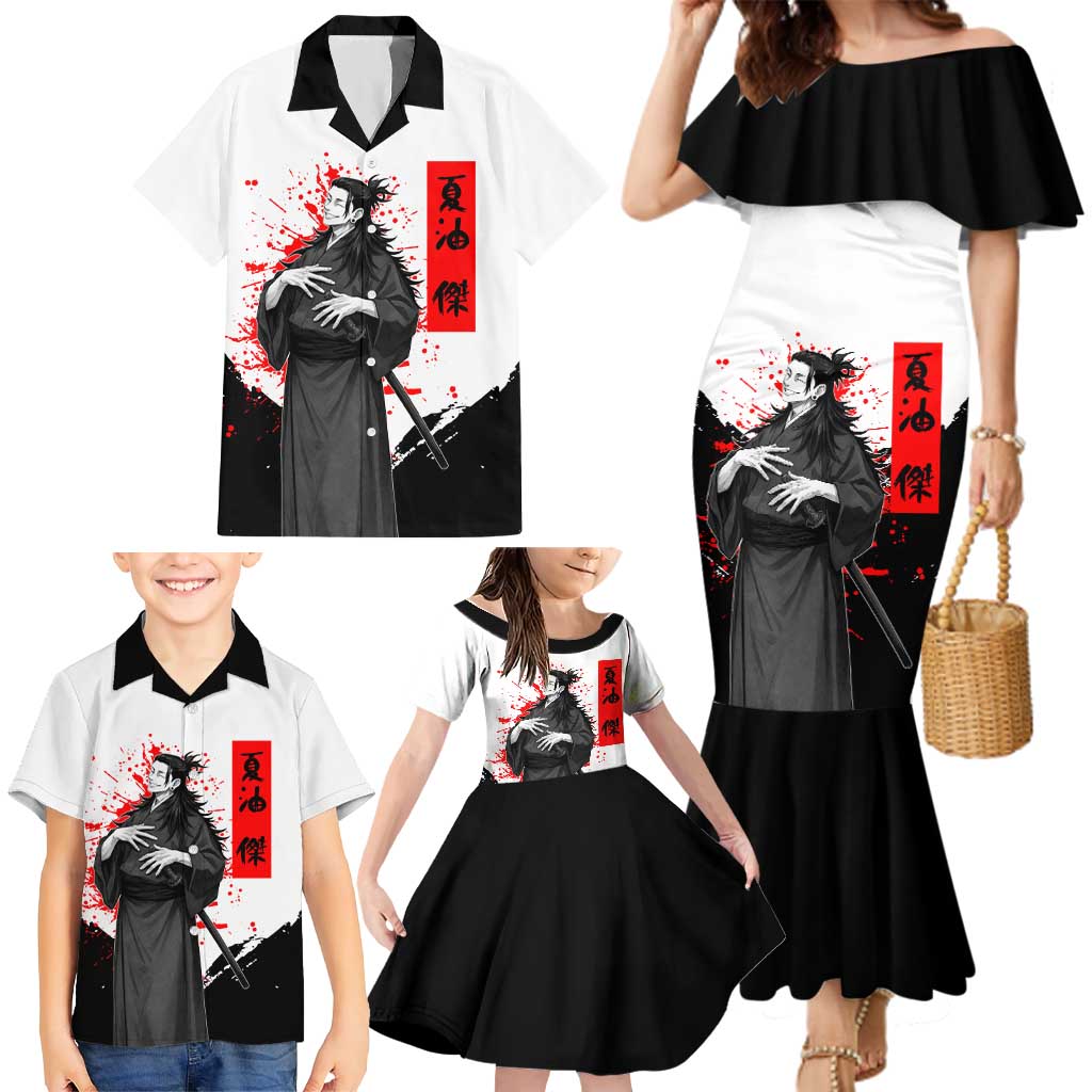 Suguru Geto Jujutsu Kaisen Samurai Style Family Matching Mermaid Dress and Hawaiian Shirt with Katana, Red Kanji Accents and Oni Mask Graphic