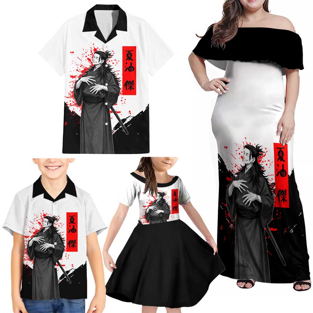 Suguru Geto Jujutsu Kaisen Samurai Style Family Matching Off Shoulder Maxi Dress and Hawaiian Shirt with Katana, Red Kanji Accents and Oni Mask Graphic