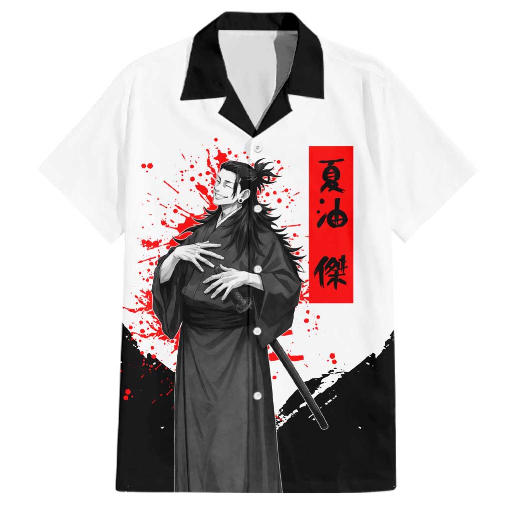 Suguru Geto Jujutsu Kaisen Samurai Style Family Matching Off Shoulder Short Dress and Hawaiian Shirt with Katana, Red Kanji Accents and Oni Mask Graphic