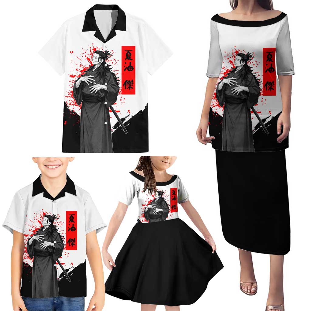 Suguru Geto Jujutsu Kaisen Samurai Style Family Matching Puletasi and Hawaiian Shirt with Katana, Red Kanji Accents and Oni Mask Graphic