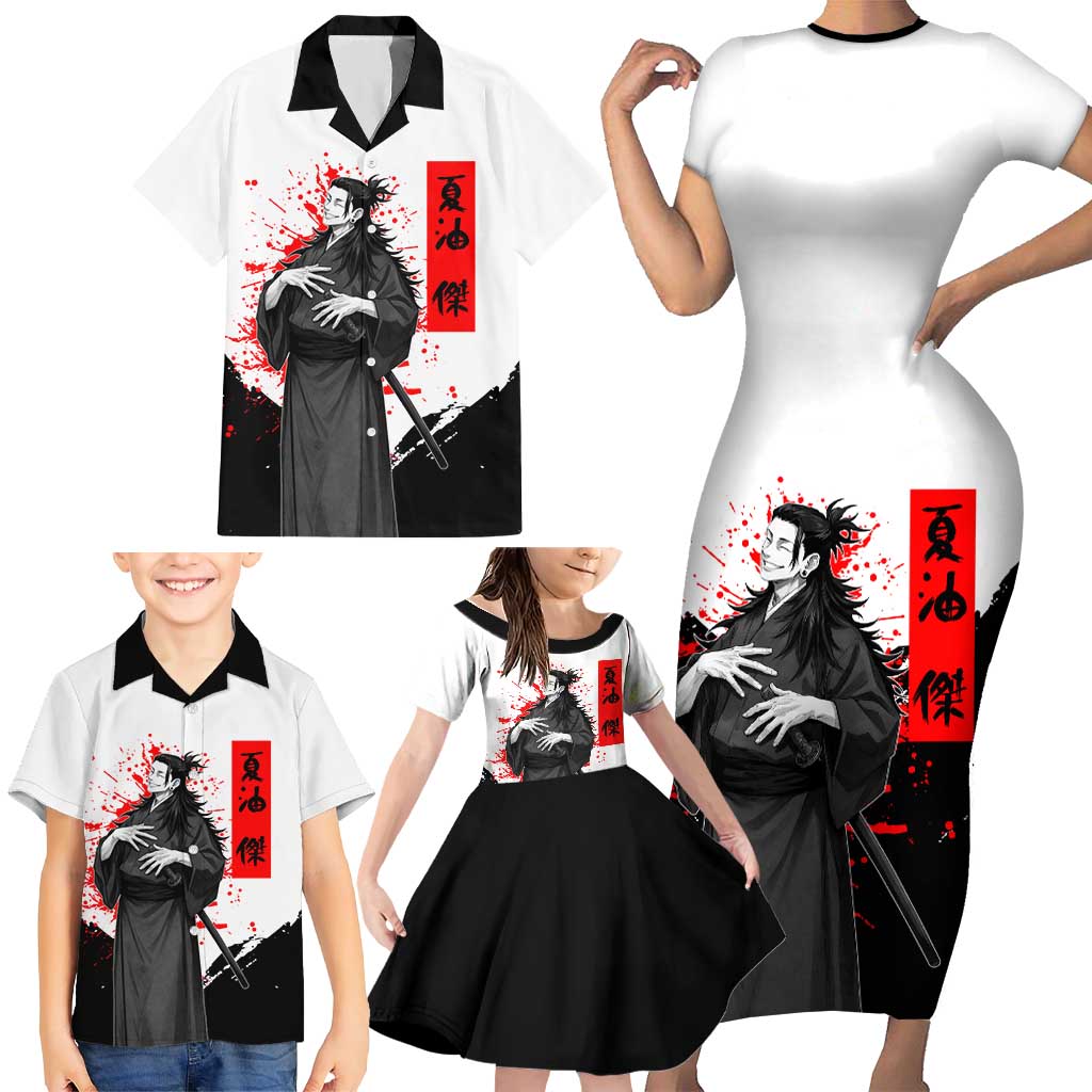 Suguru Geto Jujutsu Kaisen Samurai Style Family Matching Short Sleeve Bodycon Dress and Hawaiian Shirt with Katana, Red Kanji Accents and Oni Mask Graphic