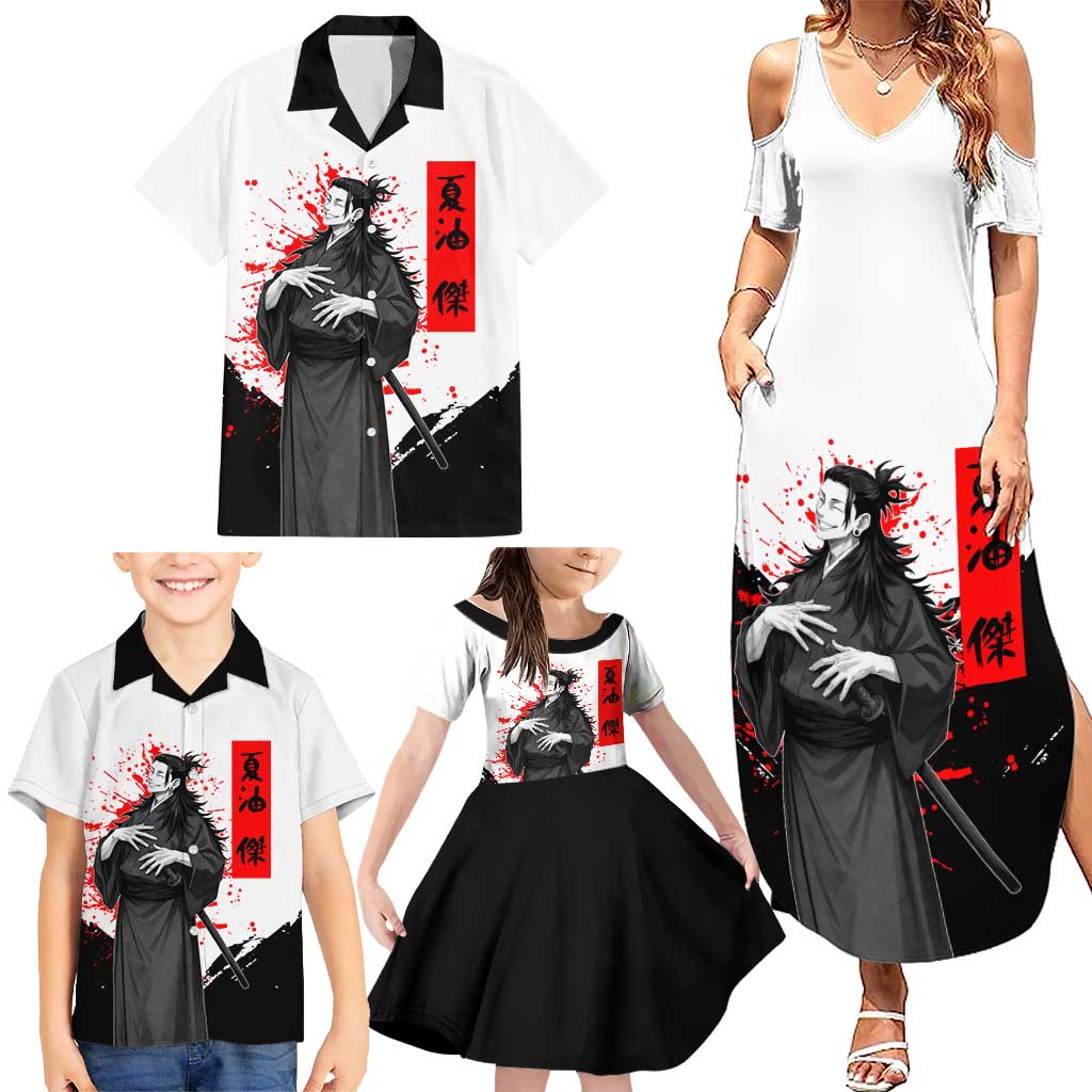 Suguru Geto Jujutsu Kaisen Samurai Style Family Matching Summer Maxi Dress and Hawaiian Shirt with Katana, Red Kanji Accents and Oni Mask Graphic