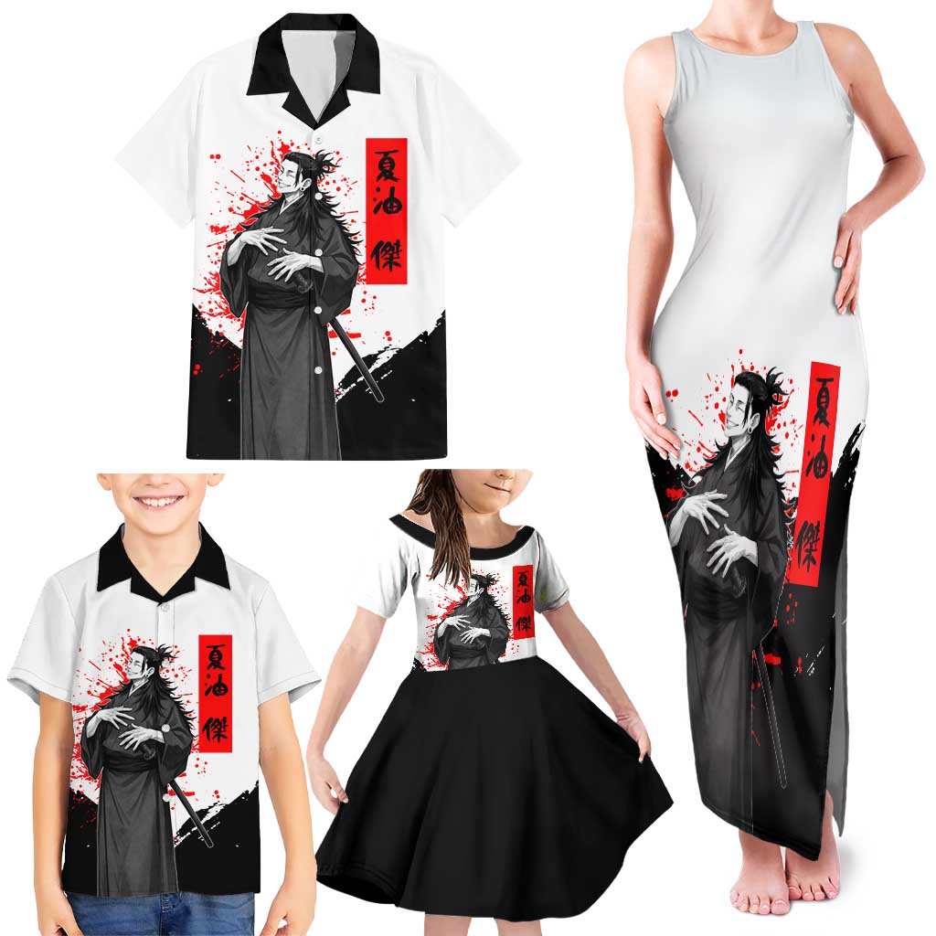 Suguru Geto Jujutsu Kaisen Samurai Style Family Matching Tank Maxi Dress and Hawaiian Shirt with Katana, Red Kanji Accents and Oni Mask Graphic