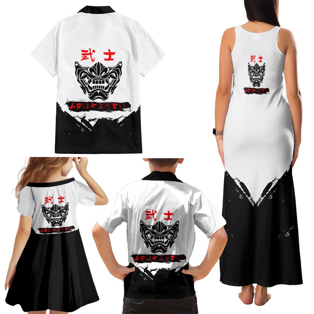 Suguru Geto Jujutsu Kaisen Samurai Style Family Matching Tank Maxi Dress and Hawaiian Shirt with Katana, Red Kanji Accents and Oni Mask Graphic