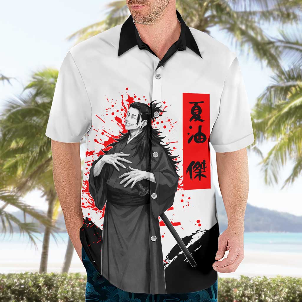 Suguru Geto Jujutsu Kaisen Samurai Style Hawaiian Shirt with Katana, Red Kanji Accents and Oni Mask Graphic - The Mazicc
